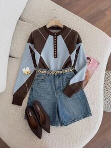 Muvela Women's Casual Retro Preppy Vintage Colorblock Argyle Sweater, Autumn/Winter Everyday School Brown And Blue - Coffee Brown - View 9