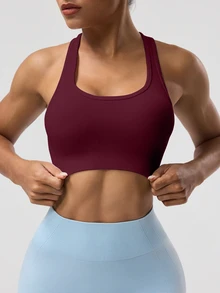 SHEIN Sports 女款素色無袖短版運動貼身瑜珈賽車背心上衣 - 酒紅色 - 查看 7