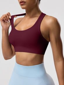 SHEIN Sports 女款素色無袖短版運動貼身瑜珈賽車背心上衣 - 酒紅色 - 查看 6