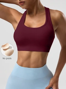 SHEIN Sports 女款素色無袖短版運動貼身瑜珈賽車背心上衣 - 酒紅色 - 查看 2