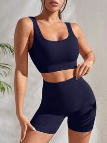 SHEIN Sports 罗纹针织宽版运动套装 女士健身套装 女士健身套装 健身房女士服装 - 藏蓝色 - 查看 4