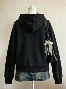 Lalippa Fashion Casual Fit Basic V-Neck Hooded Black Base Floral Print Sweatshirt - Black - View 2