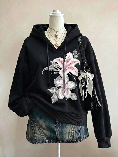 Lalippa Fashion Casual Fit Basic V-Neck Hooded Black Base Floral Print Sweatshirt