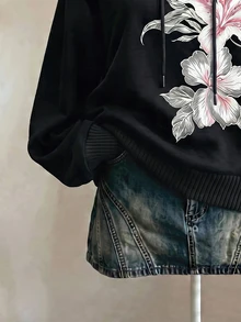 Lalippa Fashion Casual Fit Basic V-Neck Hooded Black Base Floral Print Sweatshirt - Black - View 3