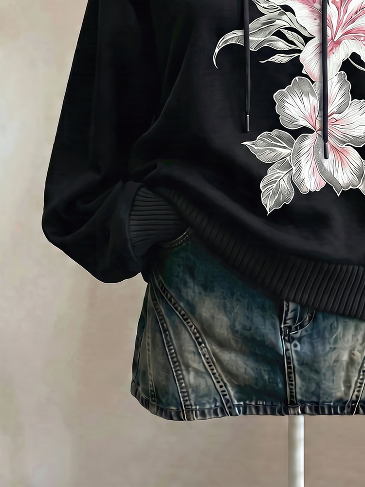 Lalippa Fashion Casual Fit Basic V-Neck Hooded Black Base Floral Print Sweatshirt - Black - View 3