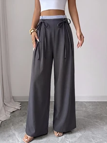 Modelyn Women's Spring/Autumn Draped Woven Tie-Waist Wide Leg Pants, High Waist Loose Fit Versatile Long Pants For Date And Commute Y2k Casual - Grey - View 3