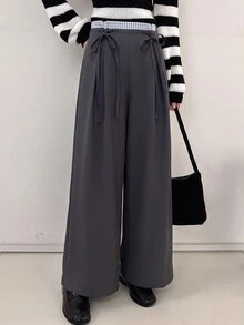 Modelyn Women's Spring/Autumn Draped Woven Tie-Waist Wide Leg Pants, High Waist Loose Fit Versatile Long Pants For Date And Commute Y2k Casual - Grey - View 8