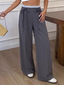 Modelyn Women's Spring/Autumn Draped Woven Tie-Waist Wide Leg Pants, High Waist Loose Fit Versatile Long Pants For Date And Commute Y2k Casual - Grey - View 7