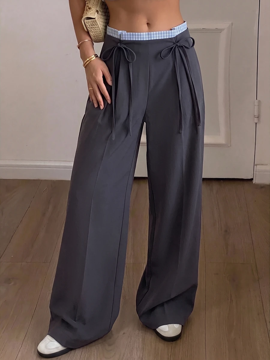 Modelyn Women's Spring/Autumn Draped Woven Tie-Waist Wide Leg Pants, High Waist Loose Fit Versatile Long Pants For Date And Commute Y2k Casual - Grey - View 1