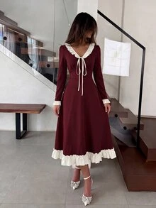 NOVVYNE 女款秋季針織酒紅色長袖拼接梭織荷葉邊收腰A字優雅復古浪漫中長洋裝，適合晚餐約會之夜 - 酒紅色 - 查看 4