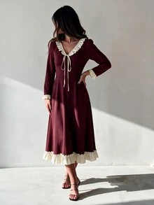 NOVVYNE 女款秋季針織酒紅色長袖拼接梭織荷葉邊收腰A字優雅復古浪漫中長洋裝，適合晚餐約會之夜 - 酒紅色 - 查看 8