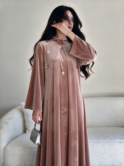 Yasveil Women's Pink Knitted Corduroy Long Sleeve 3D Bead Embellished A-Line Elegant Romantic Arabian Dress