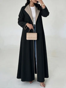 Yasveil Women Black Beige Contrast Lapel Open Front Abaya Coat Wide Sleeve Piping Trim Modest Dubai Middle East Fall Formal Kaftan Robe - Black - View 4
