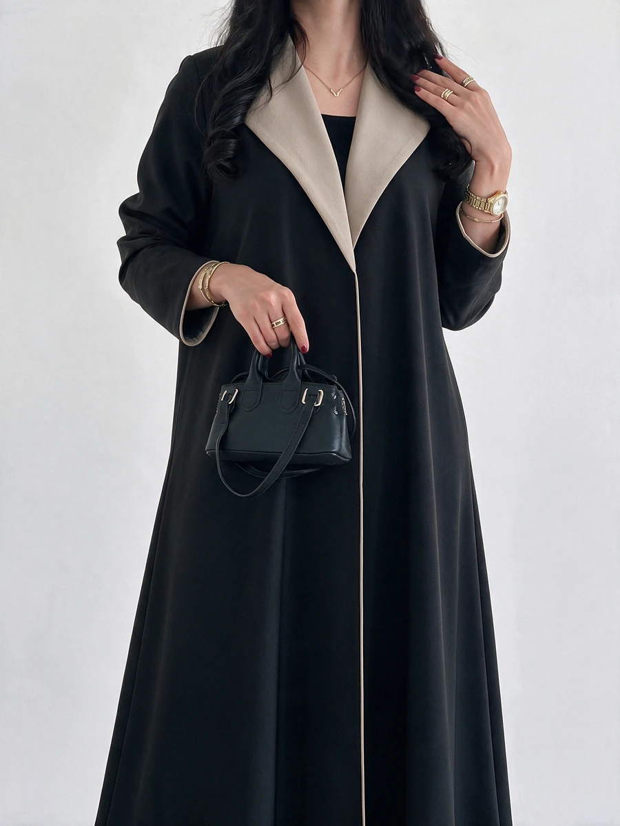 Yasveil Women Black Beige Contrast Lapel Open Front Abaya Coat Wide Sleeve Piping Trim Modest Dubai Middle East Fall Formal Kaftan Robe - Black - View 1