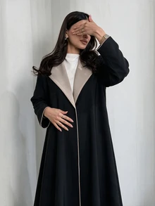 Yasveil Women Black Beige Contrast Lapel Open Front Abaya Coat Wide Sleeve Piping Trim Modest Dubai Middle East Fall Formal Kaftan Robe - Black - View 6