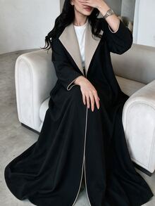 Yasveil Women Black Beige Contrast Lapel Open Front Abaya Coat Wide Sleeve Piping Trim Modest Dubai Middle East Fall Formal Kaftan Robe - Black - View 10