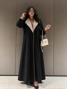 Yasveil Women Black Beige Contrast Lapel Open Front Abaya Coat Wide Sleeve Piping Trim Modest Dubai Middle East Fall Formal Kaftan Robe - Black - View 7