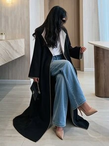 Yasveil Women Black Beige Contrast Lapel Open Front Abaya Coat Wide Sleeve Piping Trim Modest Dubai Middle East Fall Formal Kaftan Robe - Black - View 5