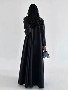 Yasveil Women Black Beige Contrast Lapel Open Front Abaya Coat Wide Sleeve Piping Trim Modest Dubai Middle East Fall Formal Kaftan Robe - Black - View 2