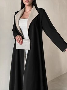Yasveil Women Black Beige Contrast Lapel Open Front Abaya Coat Wide Sleeve Piping Trim Modest Dubai Middle East Fall Formal Kaftan Robe - Black - View 9
