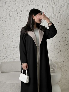 Yasveil Women Black Beige Contrast Lapel Open Front Abaya Coat Wide Sleeve Piping Trim Modest Dubai Middle East Fall Formal Kaftan Robe - Black - View 8
