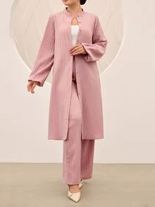 Yasmyna 粉色紋理條紋小立領寬鬆夾克與長褲休閒女款阿拉伯風套裝 - 粉色 - 查看 6