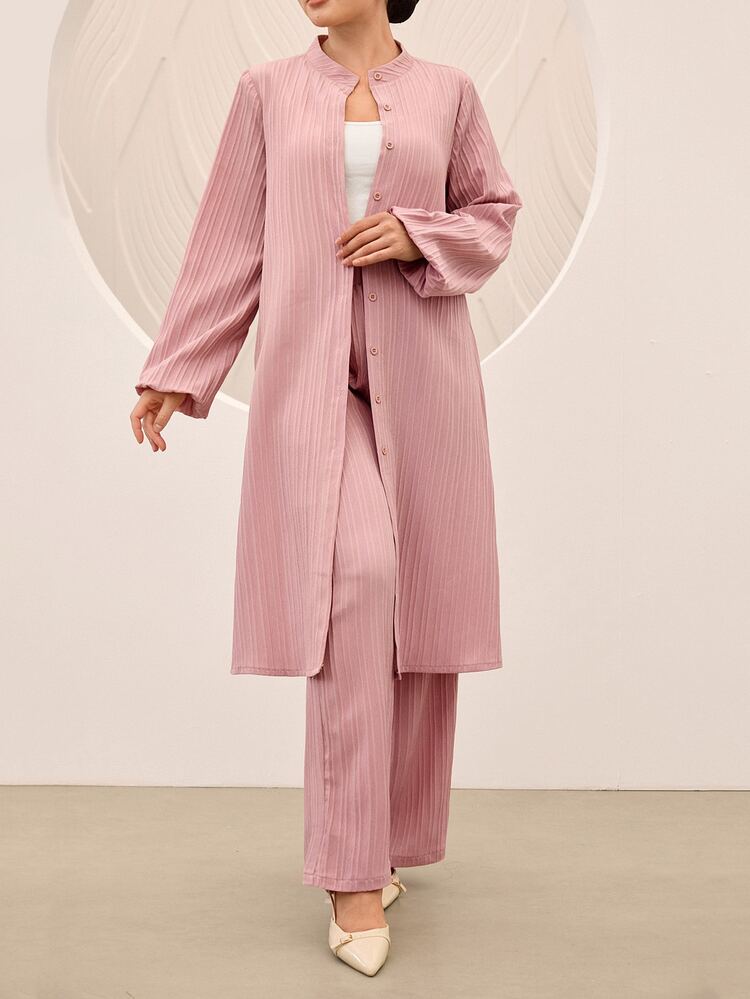 Graceveil Pink Textured Striped Small Stand Collar Loose Jacket And Long Pants Casual Women's Arabic Outfit Set - Pink - View 5
