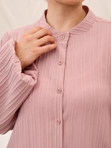 Yasmyna 粉色紋理條紋小立領寬鬆夾克與長褲休閒女款阿拉伯風套裝 - 粉色 - 查看 8