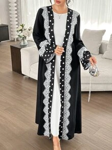 Yasmyna Women's Simple Polka Dot Lace Trim Cardigan Arabic Style - Black - View 4