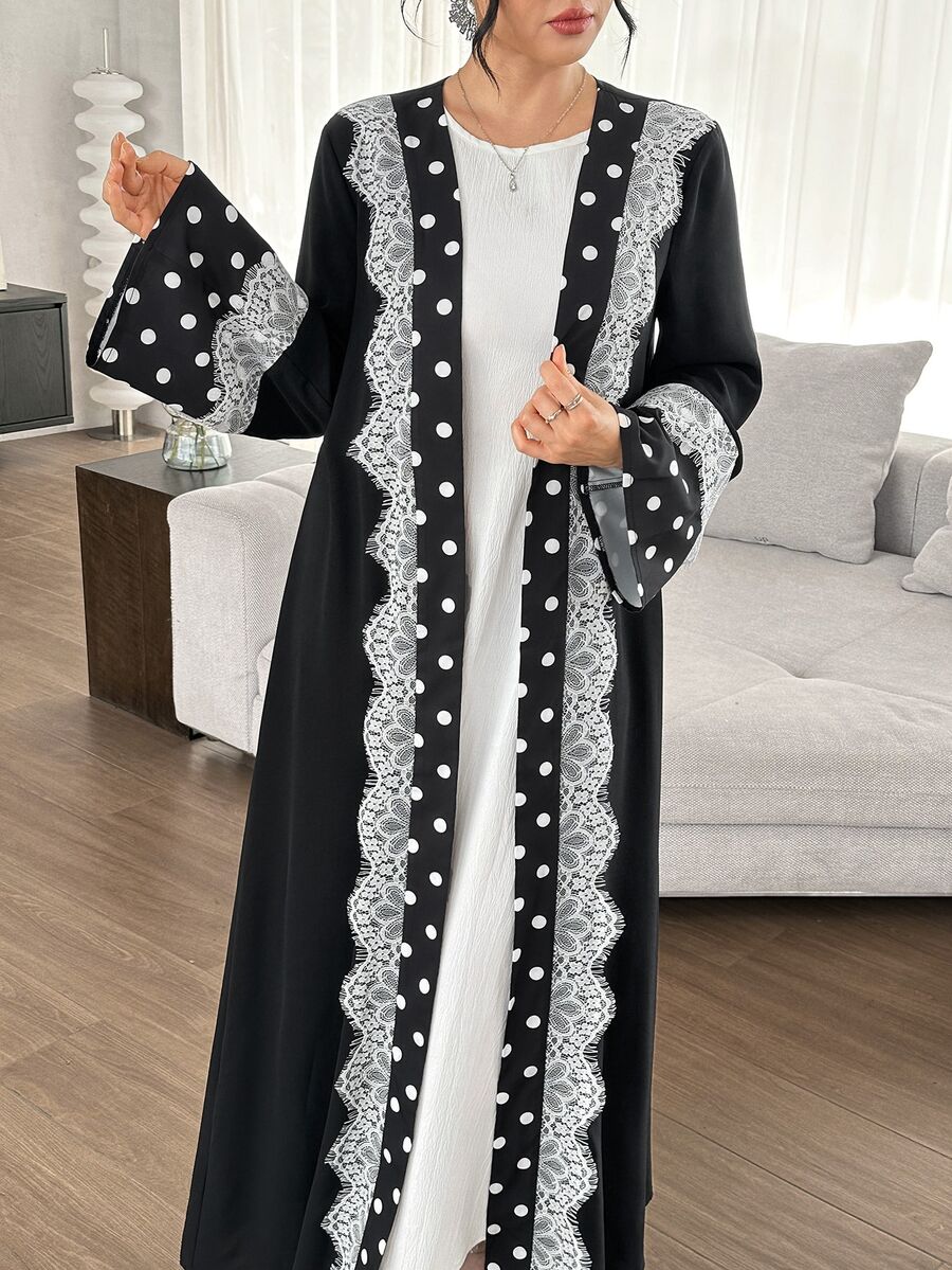 Yasmyna Women's Simple Polka Dot Lace Trim Cardigan Arabic Style