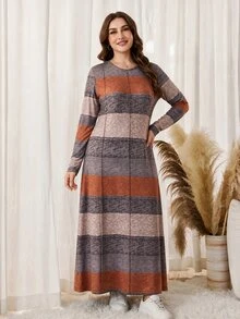 Lacomfia Autumn/Winter Elegant Casual Multi-Color Bohemian Style Round Neck Pullover Striped Long Sleeve Versatile Slim Fit Plus Size Dress For Women - Multicolor - View 4