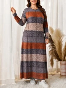 Lacomfia Autumn/Winter Elegant Casual Multi-Color Bohemian Style Round Neck Pullover Striped Long Sleeve Versatile Slim Fit Plus Size Dress For Women - Multicolor - View 7