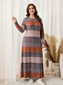 Lacomfia Autumn/Winter Elegant Casual Multi-Color Bohemian Style Round Neck Pullover Striped Long Sleeve Versatile Slim Fit Plus Size Dress For Women - Multicolor - View 3