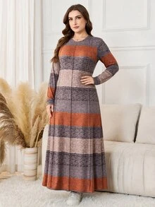 Lacomfia Autumn/Winter Elegant Casual Multi-Color Bohemian Style Round Neck Pullover Striped Long Sleeve Versatile Slim Fit Plus Size Dress For Women - Multicolor - View 6