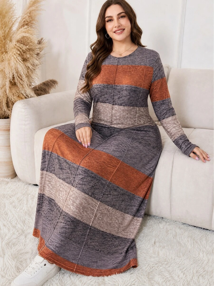 Lacomfia Autumn/Winter Elegant Casual Multi-Color Bohemian Style Round Neck Pullover Striped Long Sleeve Versatile Slim Fit Plus Size Dress For Women - Multicolor - View 1