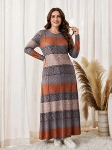 Lacomfia Autumn/Winter Elegant Casual Multi-Color Bohemian Style Round Neck Pullover Striped Long Sleeve Versatile Slim Fit Plus Size Dress For Women - Multicolor - View 5