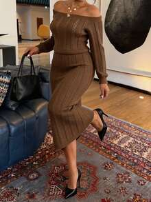 Modelyn Plus Size Solid Color Off Shoulder Sweater Knit Skirt Set - Brown - View 4