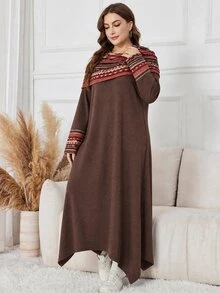 Lacomfia Autumn/Winter Elegant Casual Print Patchwork Ruched Neck Loose Fit Versatile Knit Textured Plus Size Women's Long Dress - Multicolor - View 6