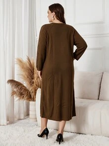 Lacomfia Plus Size Vintage Lace Fashion Long Sleeve Sweater Dress For Vacation - Brown - View 2