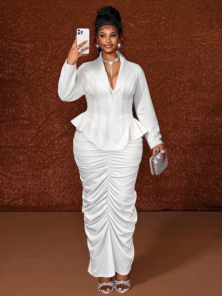 Maweii Plus Size Long Sleeve Elegant Pleated Bodycon French Style Commuter Blazer Suit Set - White - View 1