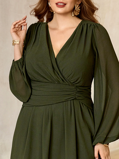 Roveilla Vestido de talla grande para mujer en color verde militar con forro de gasa, cuello en contraste, cintura fruncida, falda en línea A, detalle de costura trasera, mangas largas, largo, elegante vintage francés, oficina, vacaciones, casual, estilo occidental, estilo callejero, minimalista, versátil, estilo old money, vuelta al colegio, musulmán del Medio Oriente, té de la tarde, fiesta, Navidad, Halloween, nuevo otoño/invierno