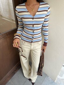 Flirla Cardigan Wanita Musim Gugur/Dingin Motif Garis-Garis dari Kasmir, Kerah V, Lengan Panjang, Kancing Depan, Gaya Retro Kasual Serbaguna untuk Pemakaian Sehari-hari, Cocok untuk Perjalanan Kuliah/Kuliah - MultiWarna - View 7