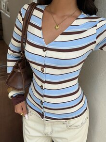 Flirla Cardigan Wanita Musim Gugur/Dingin Motif Garis-Garis dari Kasmir, Kerah V, Lengan Panjang, Kancing Depan, Gaya Retro Kasual Serbaguna untuk Pemakaian Sehari-hari, Cocok untuk Perjalanan Kuliah/Kuliah - MultiWarna - View 3