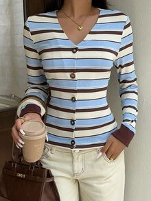Flirla Cardigan Wanita Musim Gugur/Dingin Motif Garis-Garis dari Kasmir, Kerah V, Lengan Panjang, Kancing Depan, Gaya Retro Kasual Serbaguna untuk Pemakaian Sehari-hari, Cocok untuk Perjalanan Kuliah/Kuliah - MultiWarna - View 5