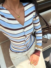Flirla Cardigan Wanita Musim Gugur/Dingin Motif Garis-Garis dari Kasmir, Kerah V, Lengan Panjang, Kancing Depan, Gaya Retro Kasual Serbaguna untuk Pemakaian Sehari-hari, Cocok untuk Perjalanan Kuliah/Kuliah - MultiWarna - View 4