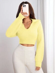 Flirla 女款素色休閒百搭日常穿著長袖針織衫 - 黃色 - 查看 4