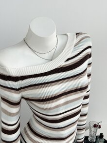 Elamini Minimalist Casual Women's Autumn/Winter Blue And White Stripe Asymmetrical Shoulder Fitted Knit Sweater Top - Baby Blue - View 5