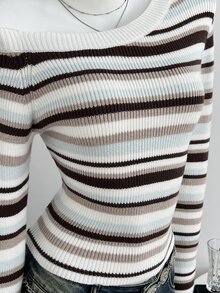 Elamini Minimalist Casual Women's Autumn/Winter Blue And White Stripe Asymmetrical Shoulder Fitted Knit Sweater Top - Baby Blue - View 6