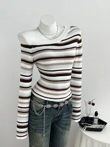 Elamini Minimalist Casual Women's Autumn/Winter Blue And White Stripe Asymmetrical Shoulder Fitted Knit Sweater Top - Baby Blue - View 4