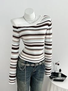 Elamini Minimalist Casual Women's Autumn/Winter Blue And White Stripe Asymmetrical Shoulder Fitted Knit Sweater Top - Baby Blue - View 1